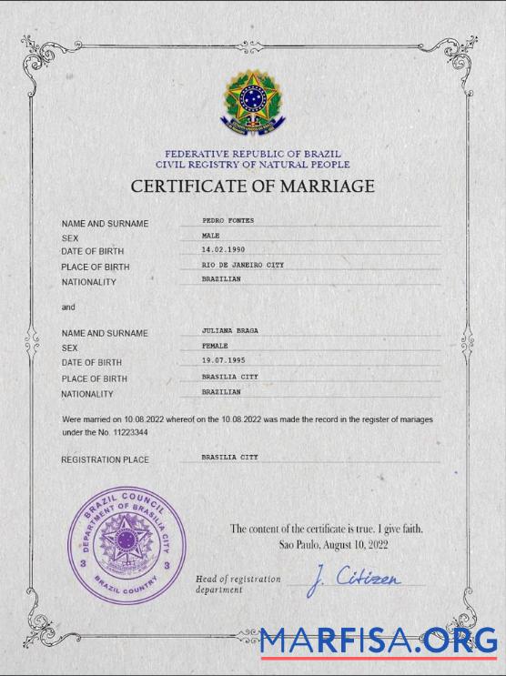 Realistic Brazil marriage certificate PSD template